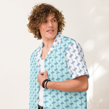 Greek Men's Evil Eye Aegean Blue Casual Summer Shirt with Buttons