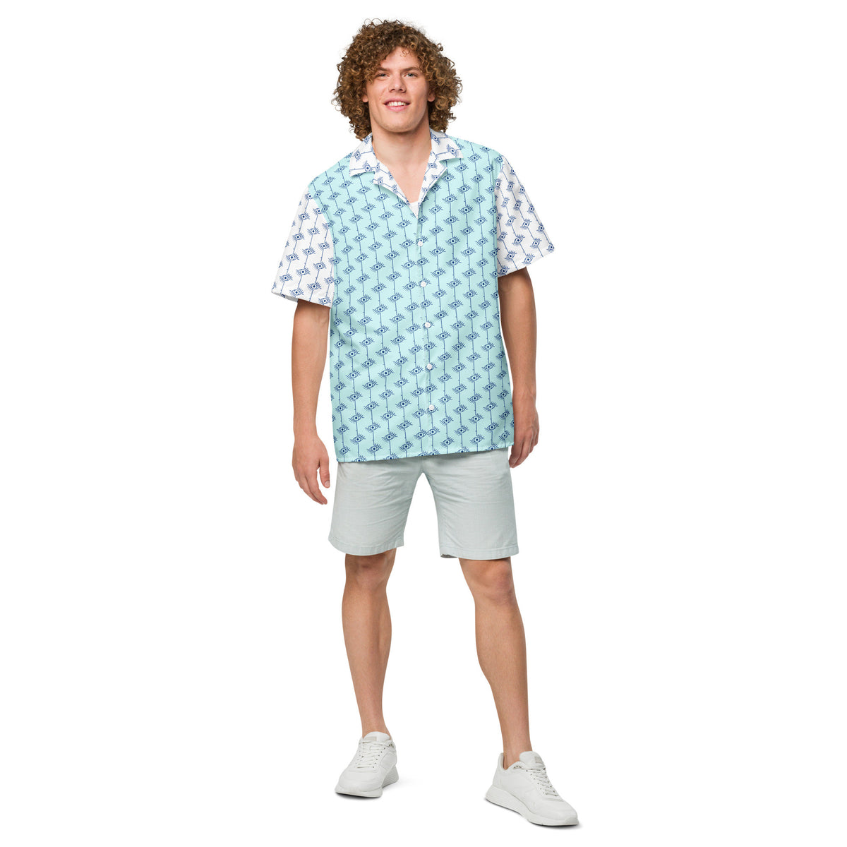 Greek Men's Evil Eye Aegean Blue Casual Summer Shirt with Buttons