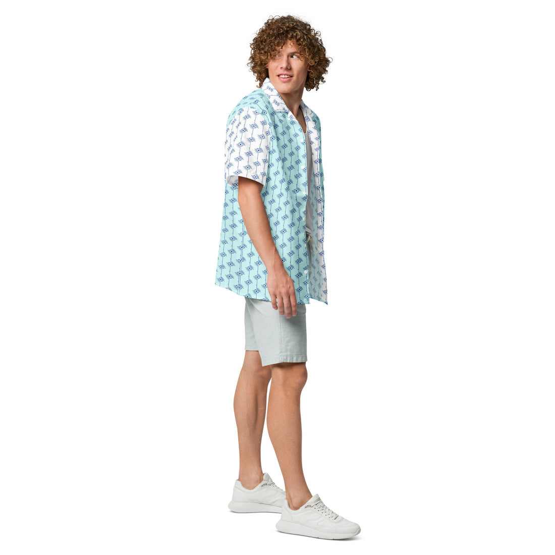 Greek Men's Evil Eye Aegean Blue Casual Summer Shirt with Buttons