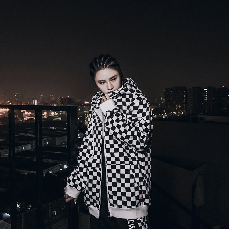 Mens Harajuku Hip Hop Zip Up Hoodie Sweatshirt Black White Checkerboard Plaid Hoodie Streetwear Fleece Hooded Hipster