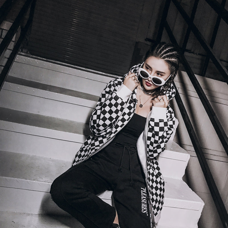 Mens Harajuku Hip Hop Zip Up Hoodie Sweatshirt Black White Checkerboard Plaid Hoodie Streetwear Fleece Hooded Hipster