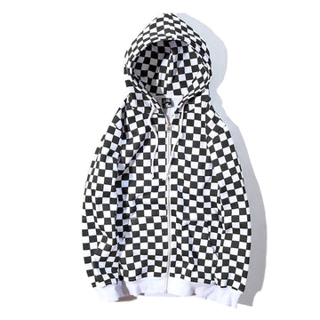Mens Harajuku Hip Hop Zip Up Hoodie Sweatshirt Black White Checkerboard Plaid Hoodie Streetwear Fleece Hooded Hipster