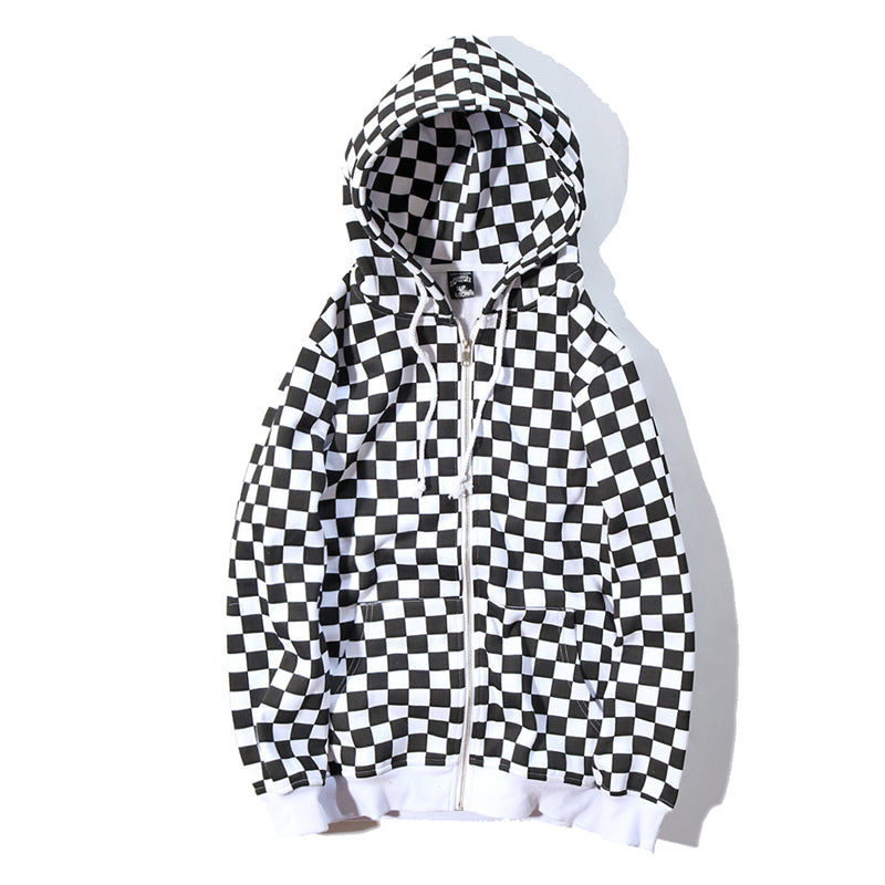 Mens Harajuku Hip Hop Zip Up Hoodie Sweatshirt Black White Checkerboard Plaid Hoodie Streetwear Fleece Hooded Hipster