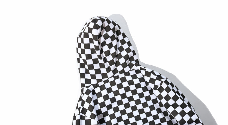 Mens Harajuku Hip Hop Zip Up Hoodie Sweatshirt Black White Checkerboard Plaid Hoodie Streetwear Fleece Hooded Hipster